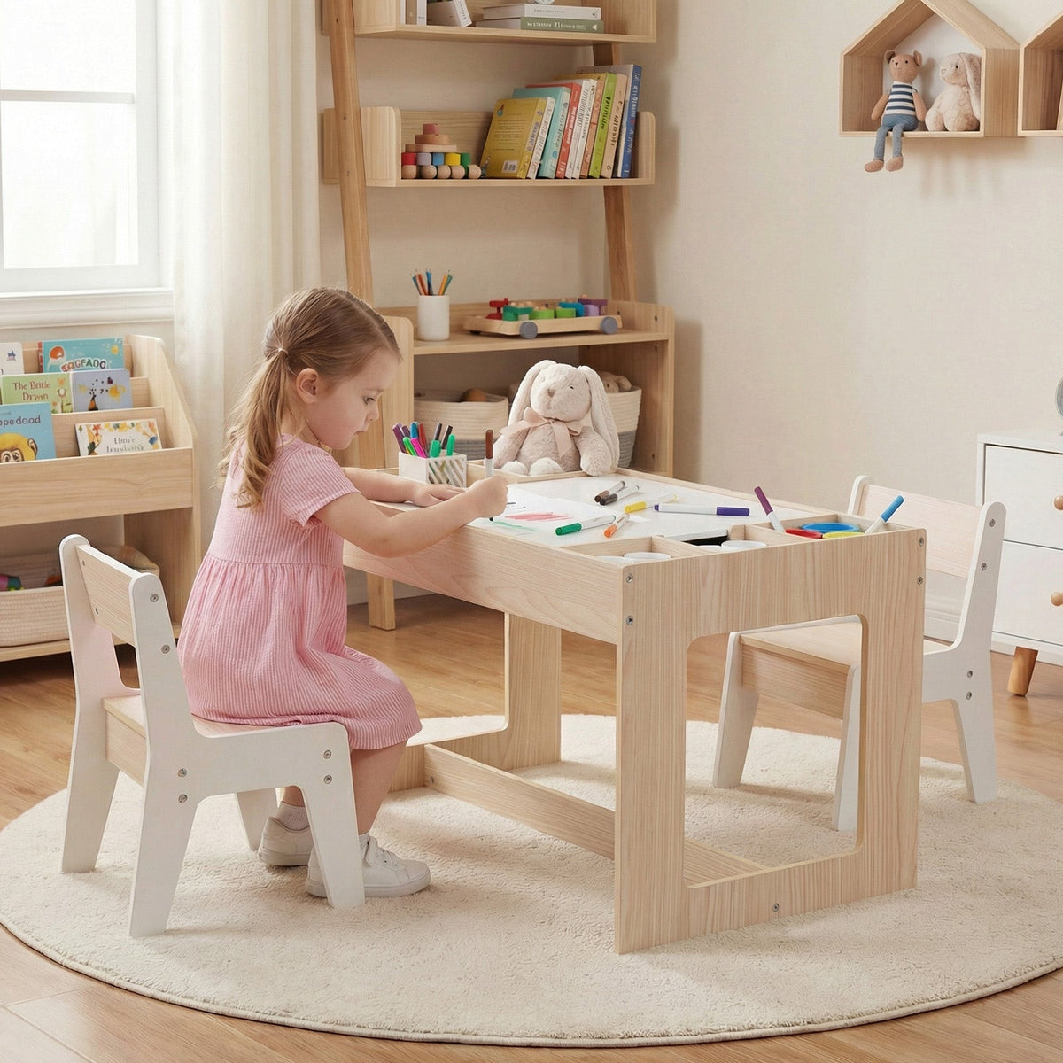 Multifunctional Kids Table and 2 Chairs Set with Chalkboard