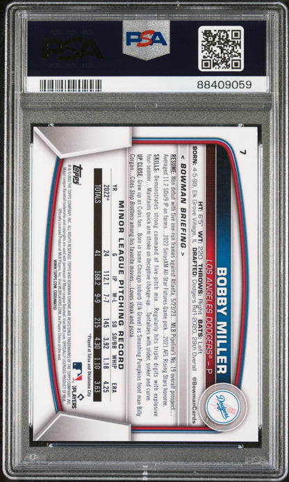 Graded 2023 Topps Bowman Chrome Sapphire Edition Bobby Miller #7 Rookie RC Baseball Card PSA 10 Gem Mint