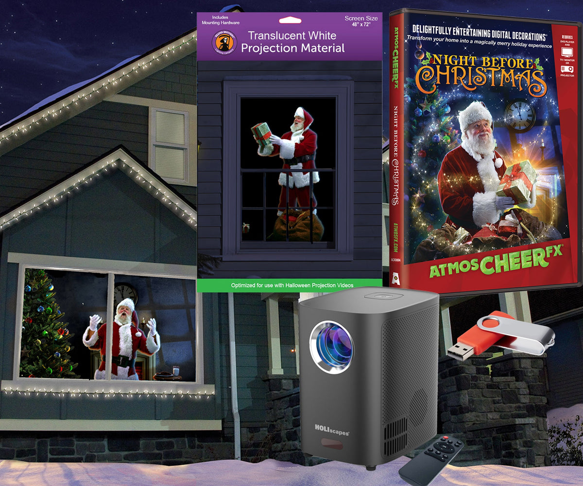 AtmosFX Night Before Christmas USB + HD Projector + 48" x 72" White Holographic Screen for Christmas Projection