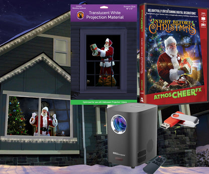 AtmosFX Night Before Christmas USB + HD Projector + 48" x 72" White Holographic Screen for Christmas Projection