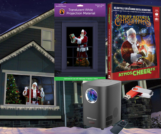 AtmosFX Night Before Christmas USB + HD Projector + 48" x 72" White Holographic Screen for Christmas Projection
