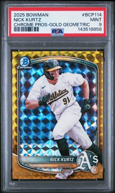 Graded 2025 Bowman Chrome Nick Kurtz #BCP114 /50 Gold Geometric Rookie RC Baseball Card PSA 9 Mint