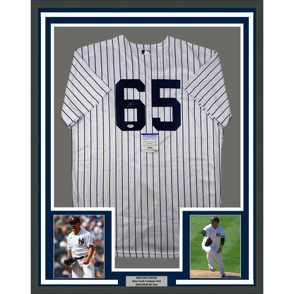 Framed Autographed/Signed Nestor Cortes 35x39 New York Pinstripe Baseball Jersey PSA/DNA COA