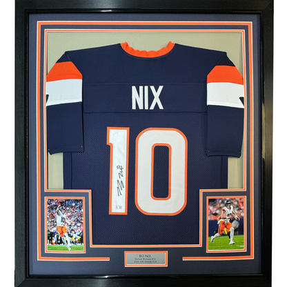 Framed Autographed/Signed Bo Nix 35x39 Denver Blue Football Jersey Beckett BAS COA