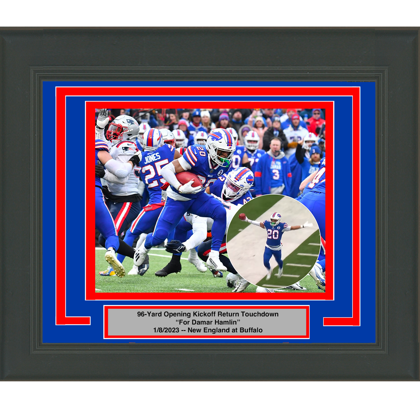 Framed Nyheim Hines Opening Kickoff Return TD Honoring Damar Hamlin Buffalo Bills 8x10 Football Photo