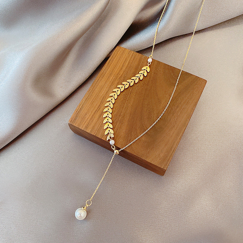 Three-piece Wheat Pearl Necklace Earrings Bracelet Set Jewelry