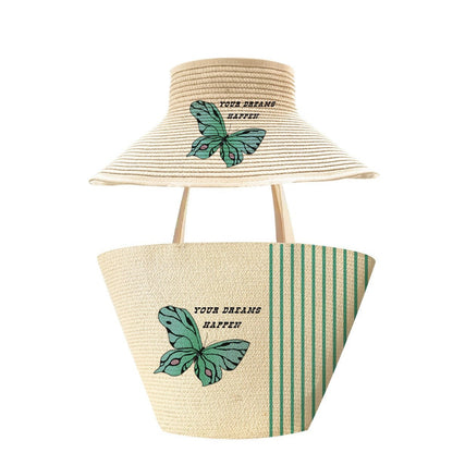 Handwoven Straw Butterfly Print Bag – Unique Shoulder Tote Set, Large Outdoor Travel Fashion Purse