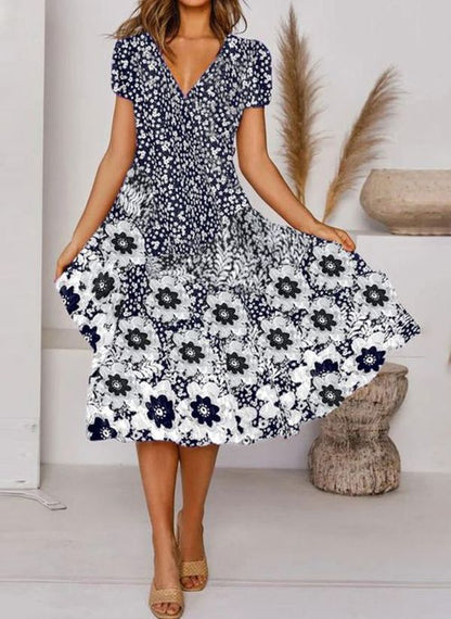 V Neck Bohemian Print Short Sleeve Dress - Flowy Casual Summer Dress with Elastic Waist