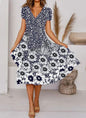 V Neck Bohemian Print Short Sleeve Dress - Flowy Casual Summer Dress with Elastic Waist