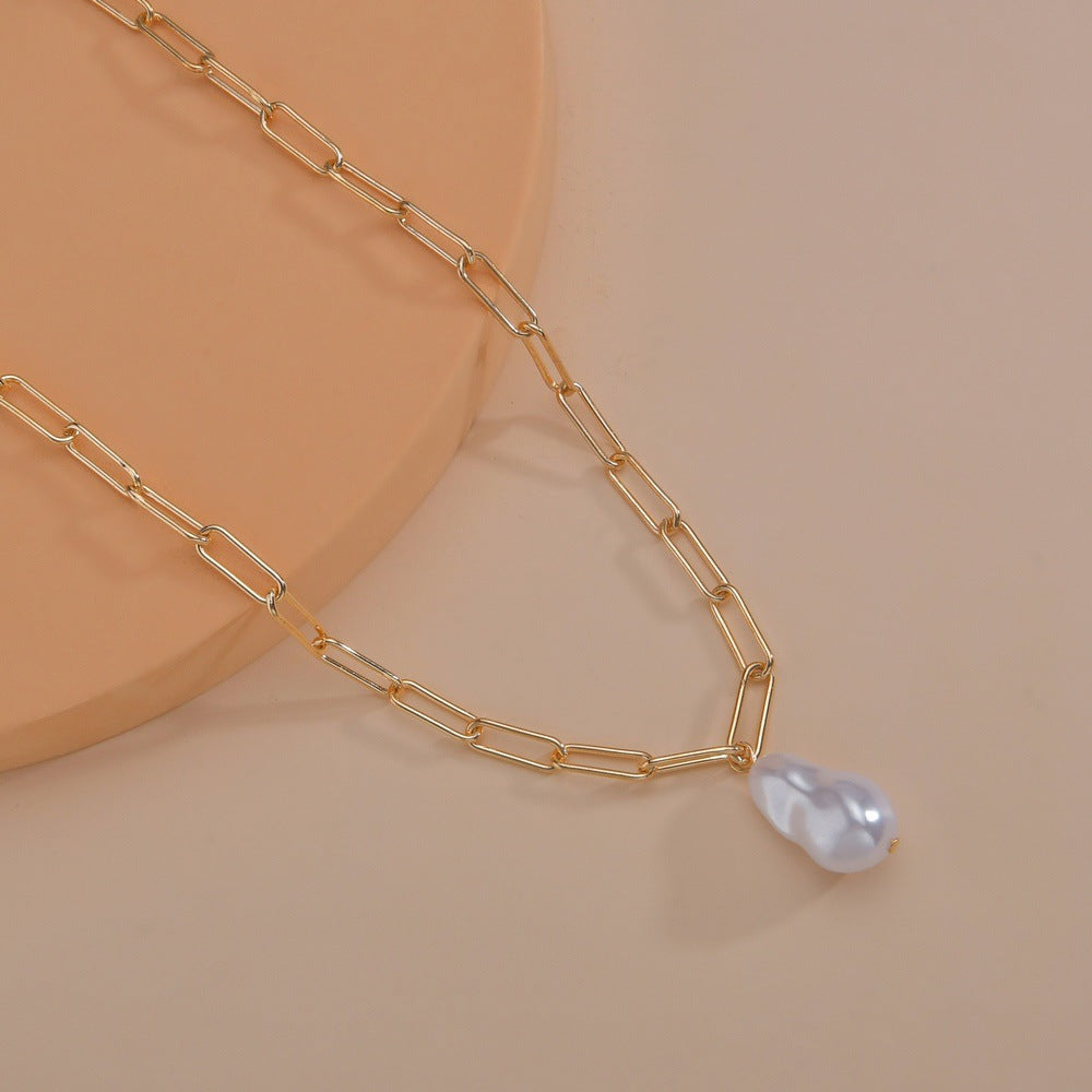 Paper Clip Chain Necklace Baroque Large Pearl Pendant