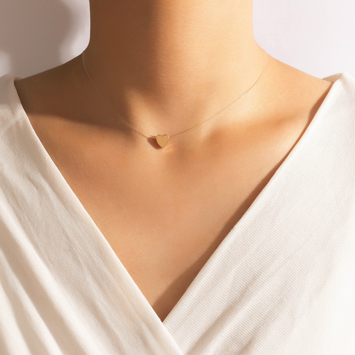 Fishing Line Chain Heart Pendant Choker Necklace