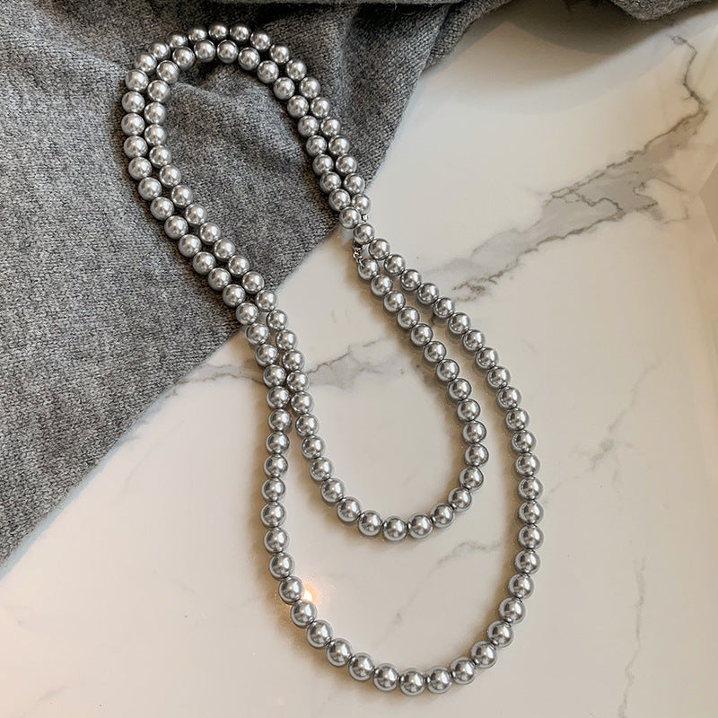 Long Gray Glass Pearl Vintage Charm Necklace