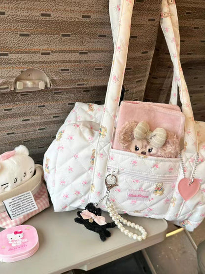 Large capacity tote bag for girls, short trip girl commuter bag, quilted puffy purse floral fabric, student class shoulder tote bag,