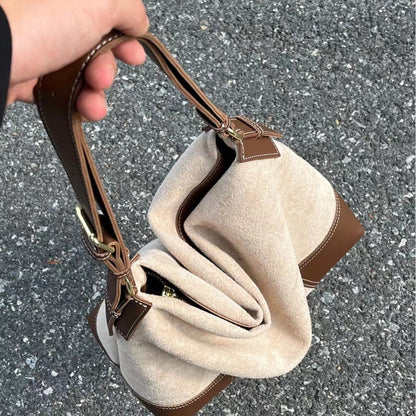 Large capacity suede hobo bag, female contrasting shoulder bag, shoulder bag, slouchy bag