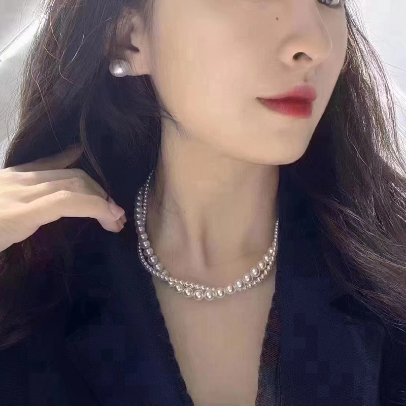 Double Strand White Glass Pearl Necklace for Women