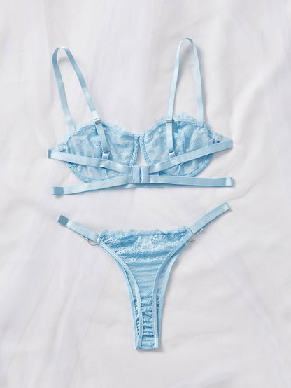 INS Internet Celebrity Lace Embroidery Mesh See through Sexy Lingerie 2 piece Set