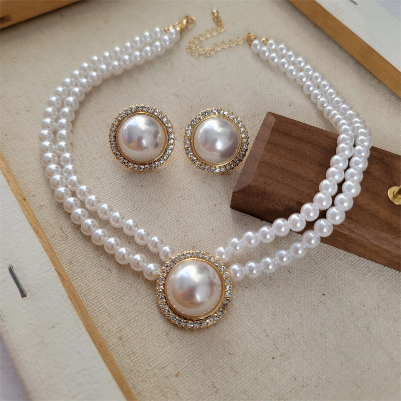 Pearl Double Clavicle Chain Flash Round Pearl Earring Necklace Set