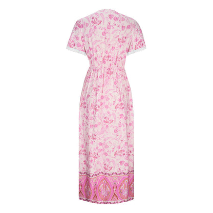 Women's Short Sleeve Lace Trim Tie-Waist Bohemian Dress Vacation Beach Dress Floral