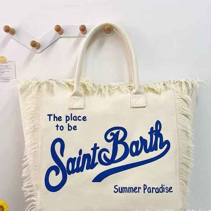 Large Beach Shoulder Commuter Tote – Handmade Fringe Denim Printed Bag, Casual Travel Shopper