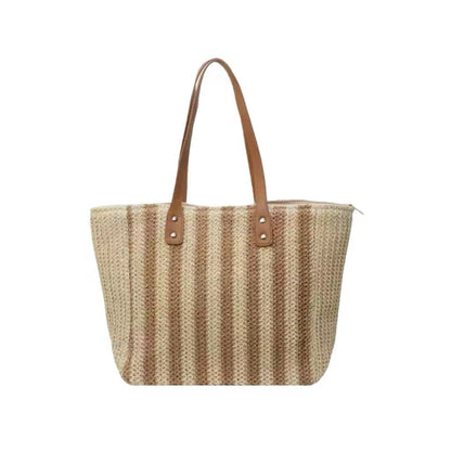 Zip-Top Woven Bag – Fall Beach Large Tote, Versatile Fashion Vacation Handheld Shoulder Straw Purse