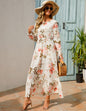 Spring and Autumn floral chiffon dress waist thin long sleeve round neck long printed skirt