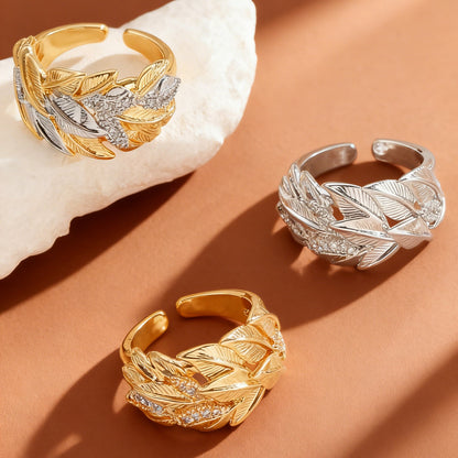 Luxury Leaf Texture Copper Inlaid Zircon Ring Gold Two-Tone Open Ring