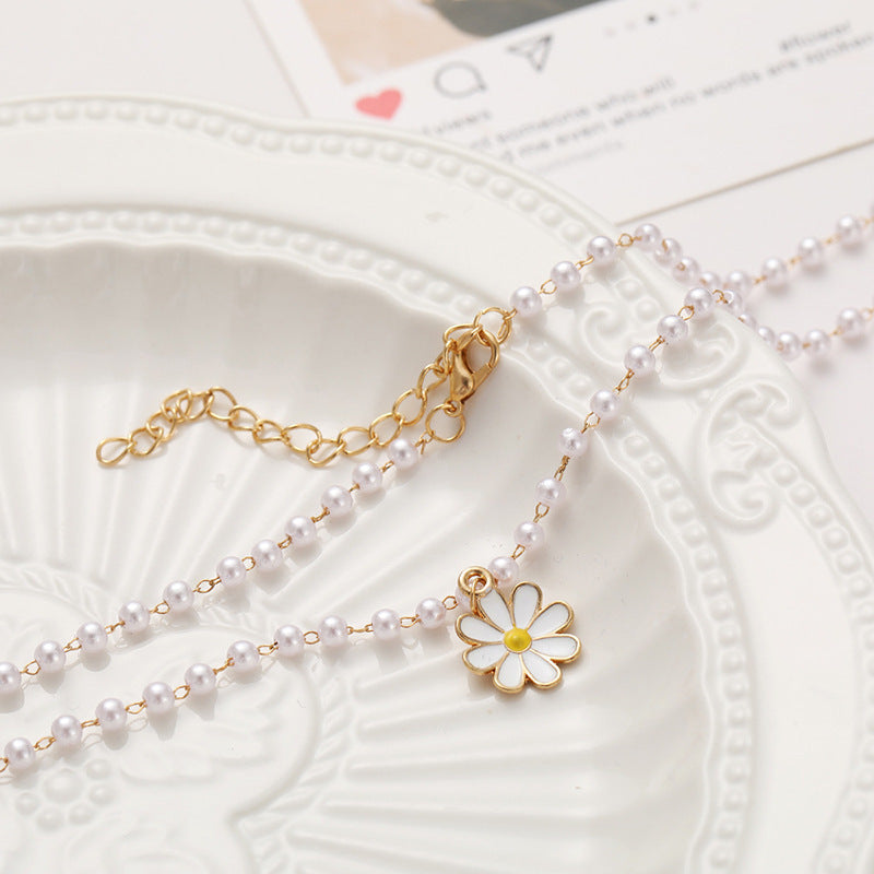 Enamel Flower Necklace Pearl Daisy Pendant