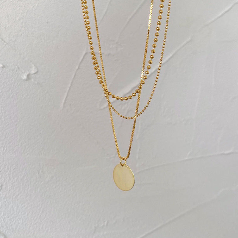 Multi 3 Layers Chain Metallic Metal Round Disc Pendant Necklace