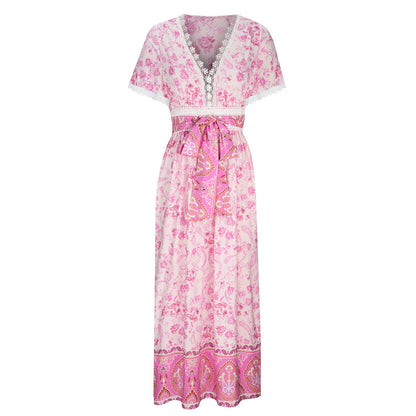 Women's Short Sleeve Lace Trim Tie-Waist Bohemian Dress Vacation Beach Dress Floral