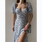 Sleeveless Floral Print Maxi Dress - Strapless Square Neck with High Slit & Waist Emphasis