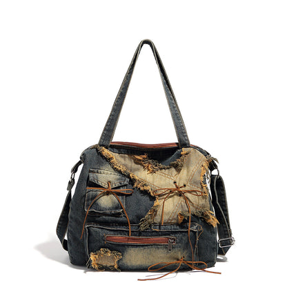 Large capacity hobo shoulder tote bag, Spice Girl bag women's old retro shoulder bag, washed denim bag, casual women's bag