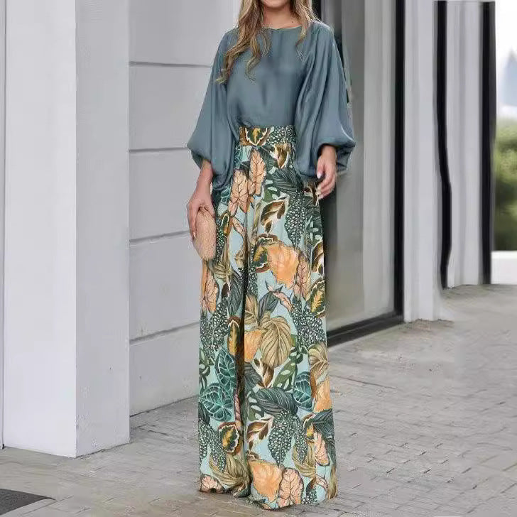 Women's Lantern Sleeve Loose Printed Wide Leg Two-piece Pants