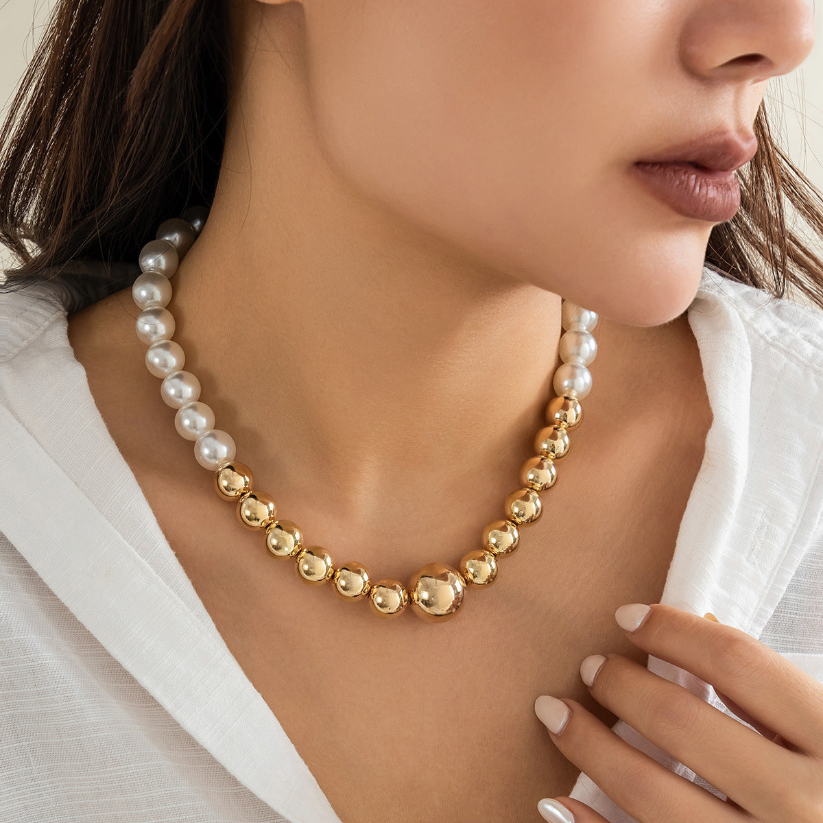 Women CCB Beads Imitation Pearl Collar Choker Necklace