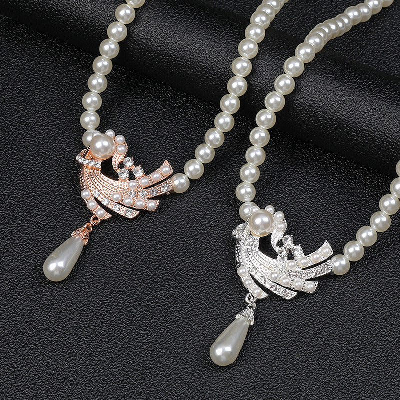 Pearl Necklace Earrings Set Bridal Fashionable New Alloy Two-piece Jewelry Set