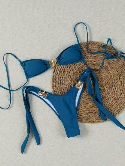 Popular Solid Color Bikini Two-Piece Swimsuit with Tie Back Sexy Design and Accessories High-End