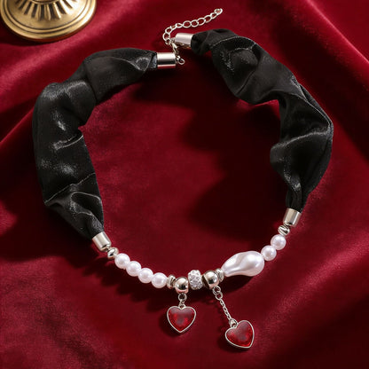Black Ribbon Necklace Irregular Baroque Pearl Tassel Heart Pendant Choker Set