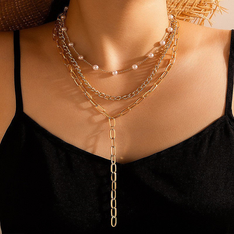Layer Long Chain Necklace Pearl Charm Jewelry
