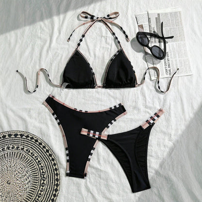 Plaid Trim Black Bikini Three Piece Swimsuit Separate Set Bikini Swimsuit Three Piece