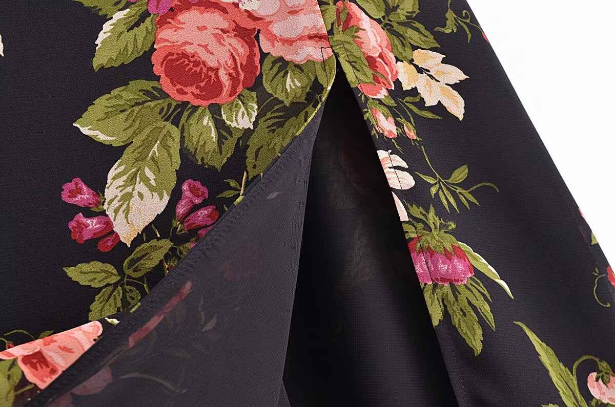 Slim and sexy side split waist mid-length dress, French retro square collar Print Chiffon Dress