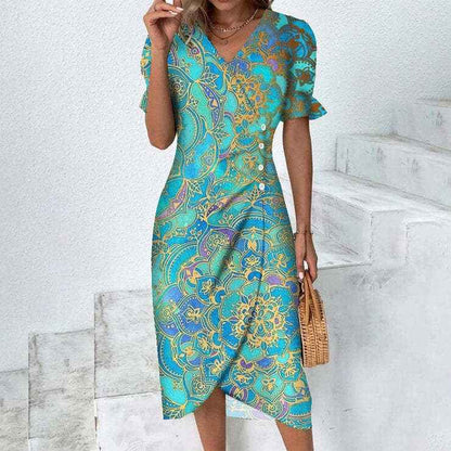 Slim-fit Women's Geometric Collage Bubble Sleeves Irregular hem Dress Sub Female Split Dress Summer Floral dress