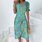 Slim-fit Women's Geometric Collage Bubble Sleeves Irregular hem Dress Sub Female Split Dress Summer Floral dress