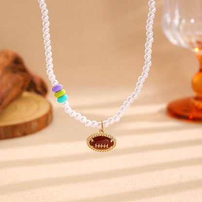 Sporty Soccer Football Rugby Pendant Pearl Beaded Necklace Bracelet Earrings Set