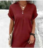Solid Color Pullover Comfortable Casual Button Dress V-Neck Batwing Sleeve Dress