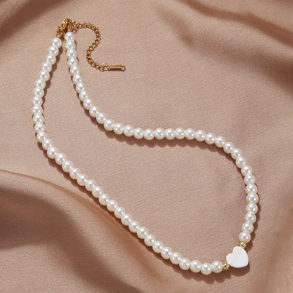 Fashion Shell Heart Imitation Pearls Necklace Handmade Pearl Beaded Choker Necklace