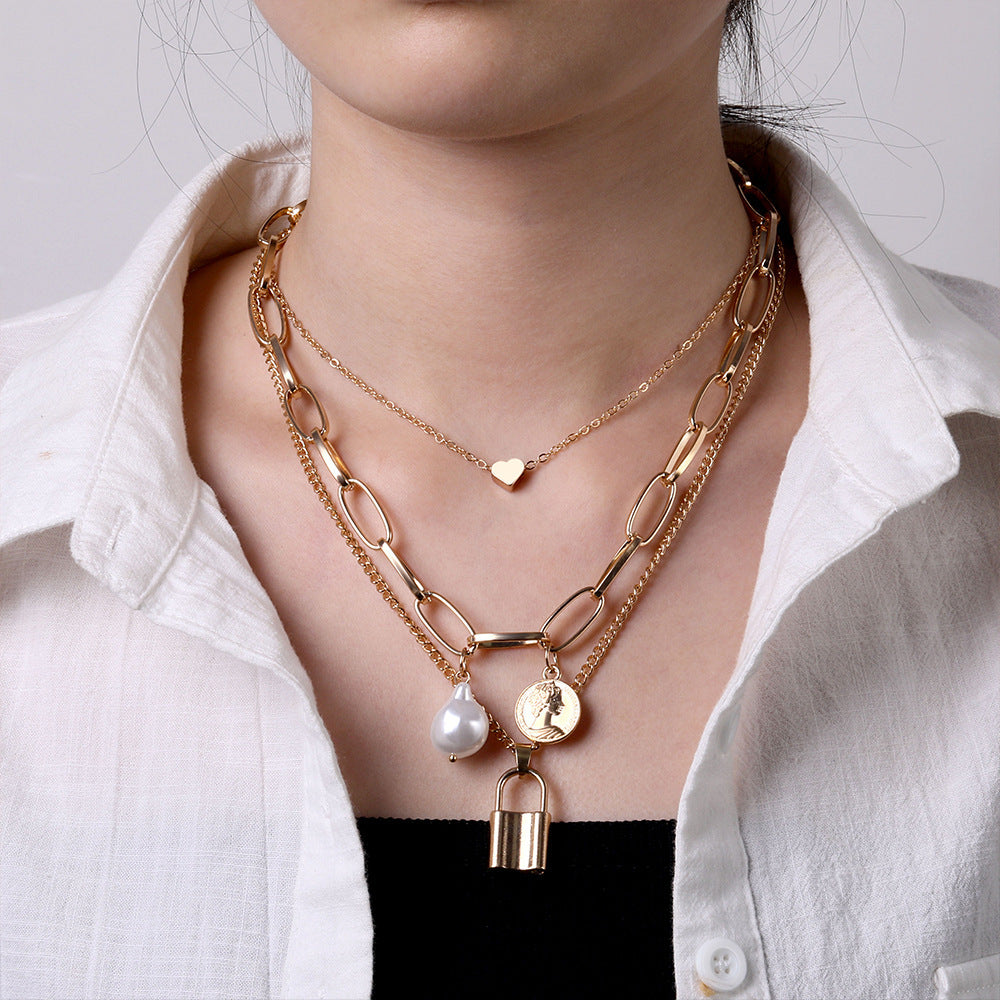 Heart Star Charm Paperclip Chain Choker Necklace Layered Lock Pendant