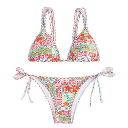 Printed Triangle Sexy Split Swimsuit Three Points Beach Bikini Female Neck-Tie Halter Bikini W Random Flower
