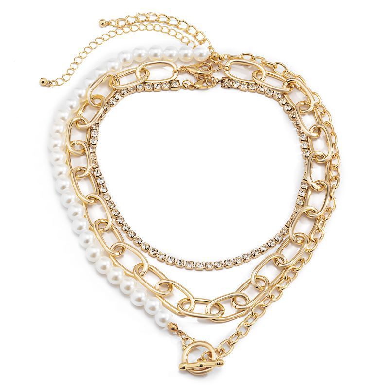 Vintage Baroque Pearl Necklace Rhinestone Collarbone Hip Hop Chain
