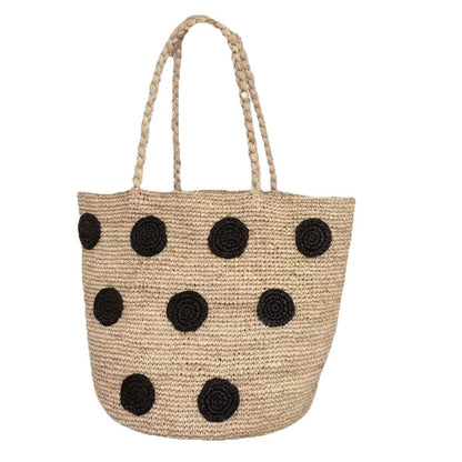 Raffia Black Polka Dot Embroidered Bag – Woven Shoulder Strap Large Summer Bucket Purse