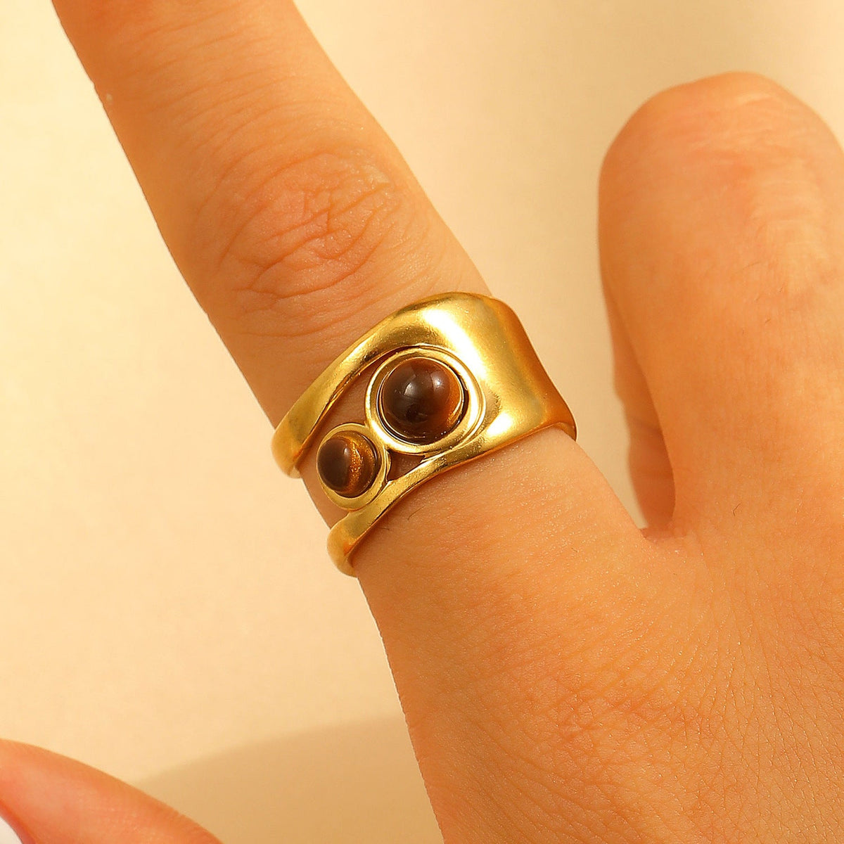Stainless Steel Irregular Hollow Geometric Tiger Eye Ring for Women