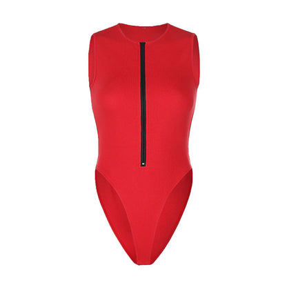 Summer Zipper Crew Neck Sleeveless Fashion Sexy Solid Color Versatile Cool Bodysuit Women's Top